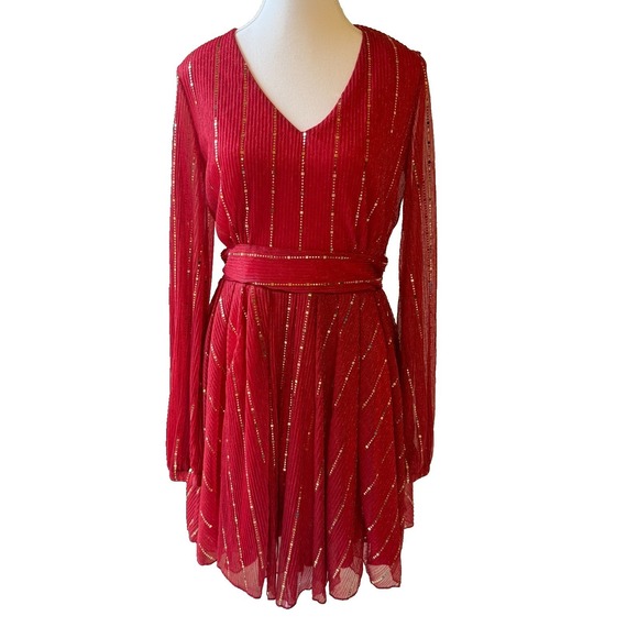 Chic Me Dresses & Skirts - Chic Me Red Gold Sequin Stripe Dress Large V-Neck Long Sleeve Pleated Holiday